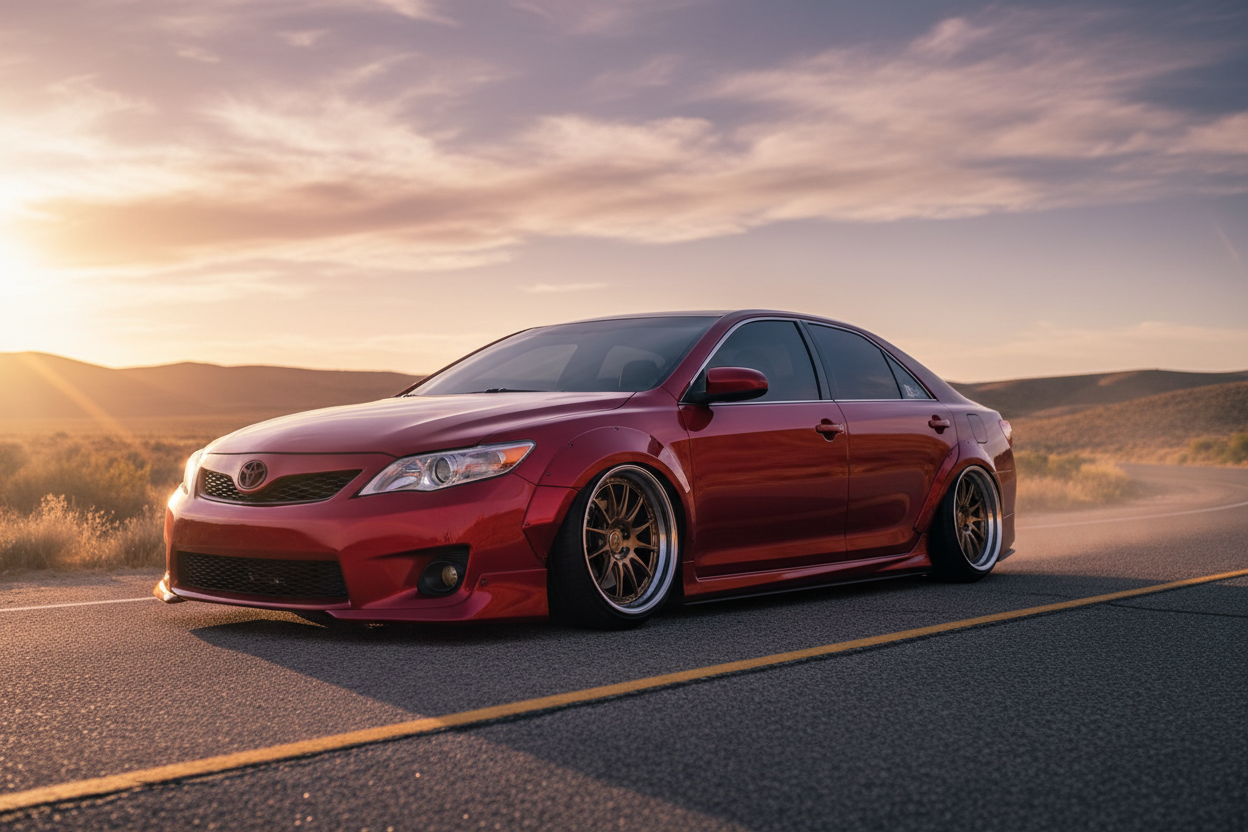 Wide body 2012 toyota camry in red on a desert road