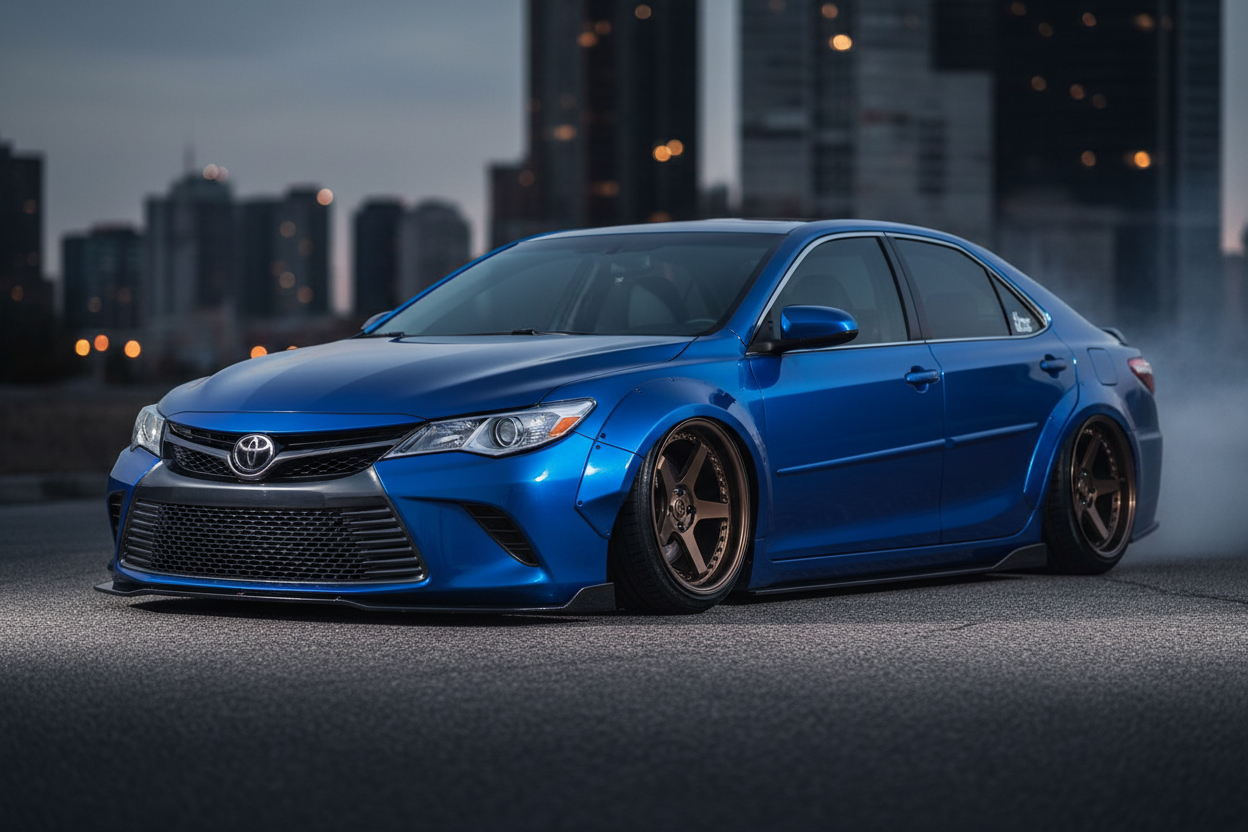 Wide body 2012 toyota camry in blue with a city background 