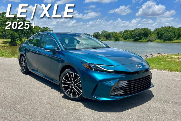 Toyota Camry XV80 2025 in Blue on a street with a lake in the background