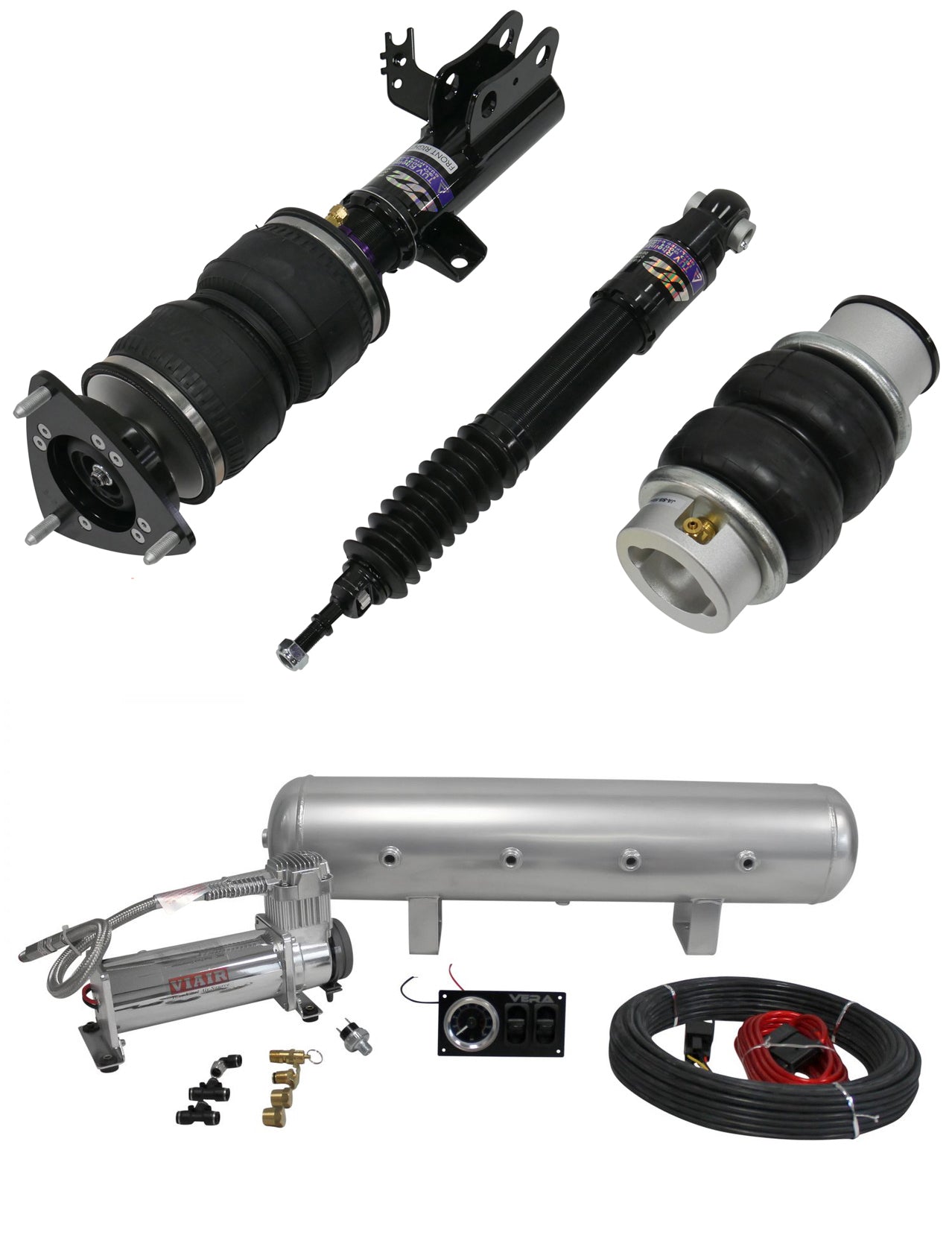 Automotive suspension components including shock absorbers, compressor, air tank on a white background