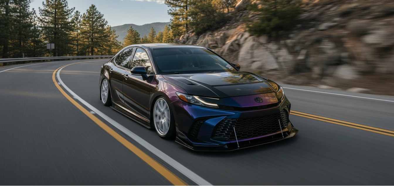 Modified 2025-2026 XV80 Toyota Camry driving on a winding road with trees and mountains in the background.